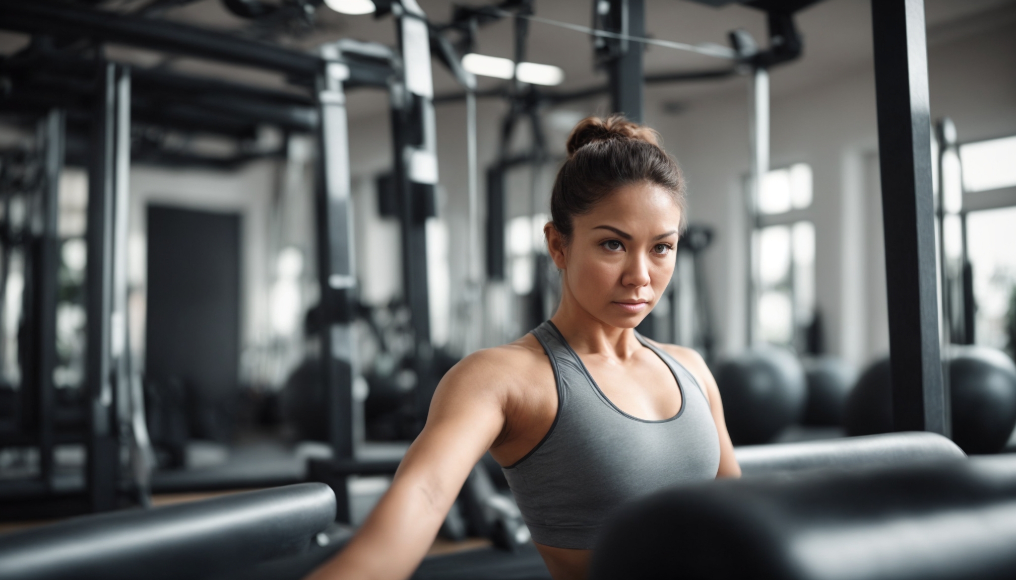 Adult athletic person behind gym ball, looking at camera with a slight smile