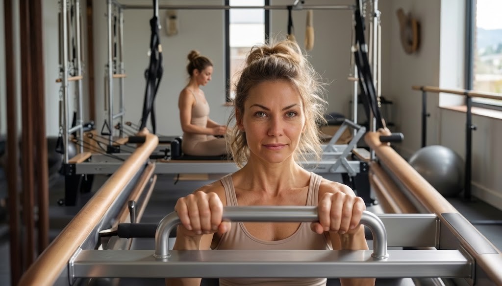 Woman practicing Pilates exercises for ideal posture on a reformer machine
