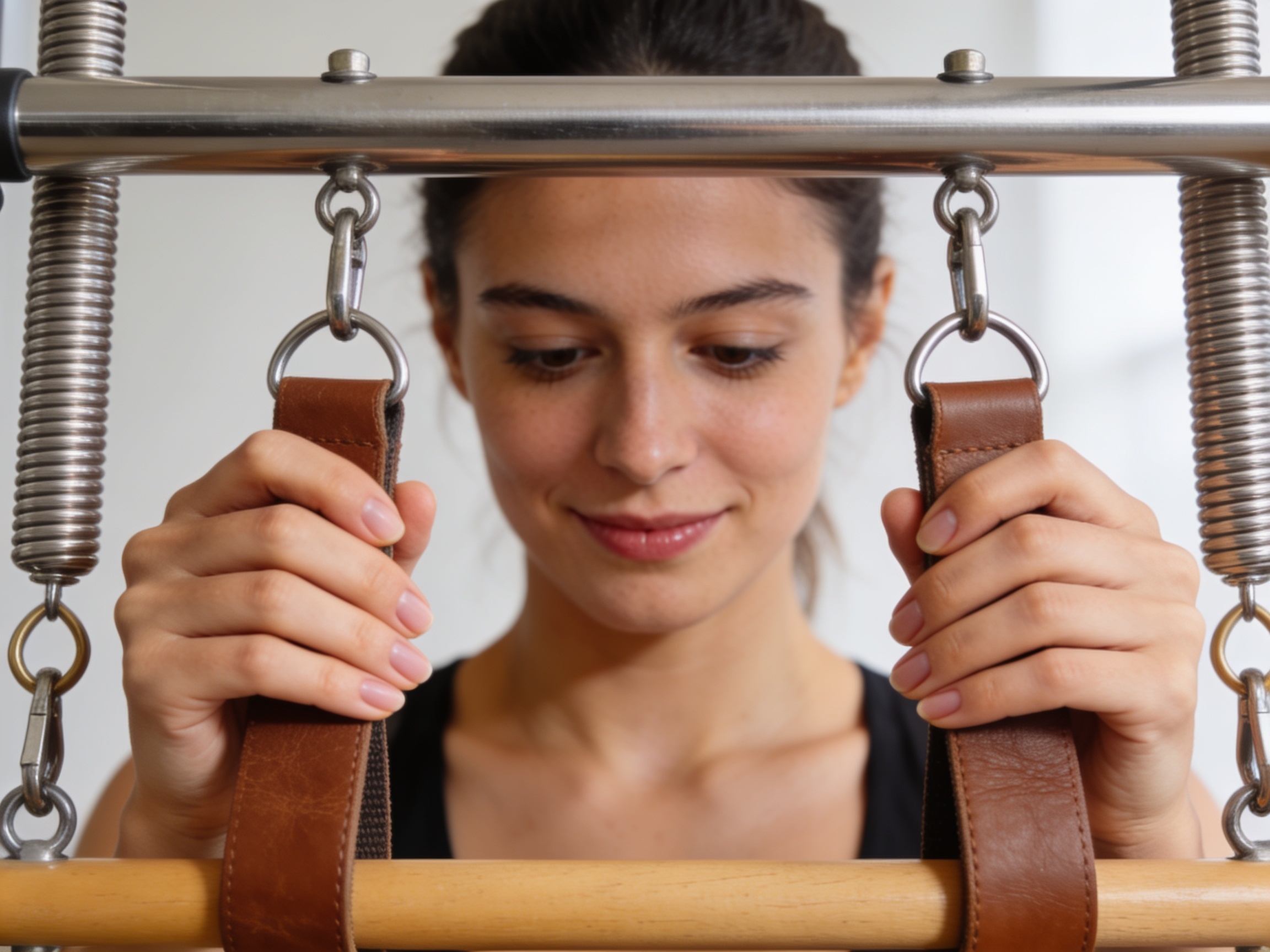 Woman focusing on Pilates reformer adjustment in a bright studio.