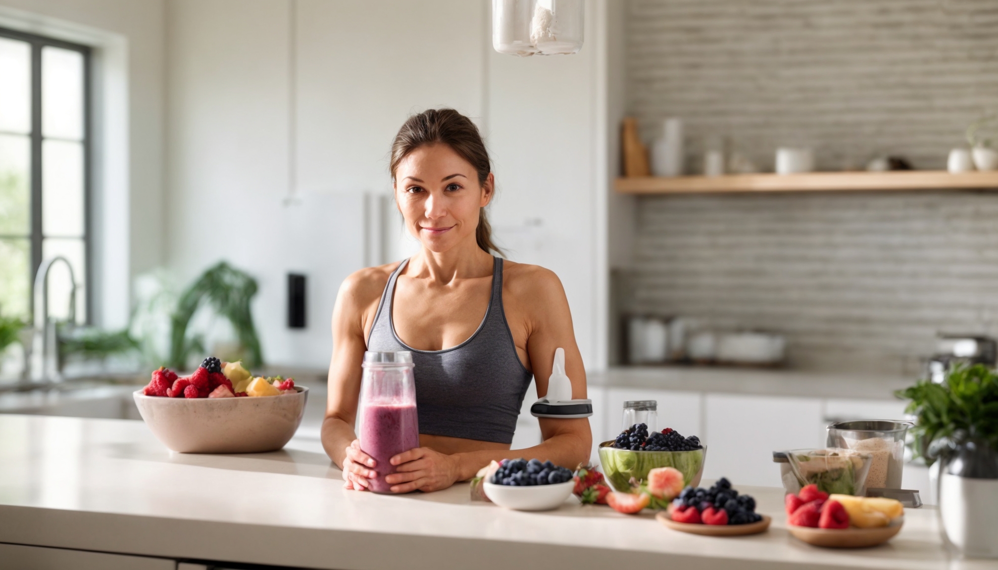 Woman preparing a nutritious post-Pilates recovery smoothie in a bright modern kitchen