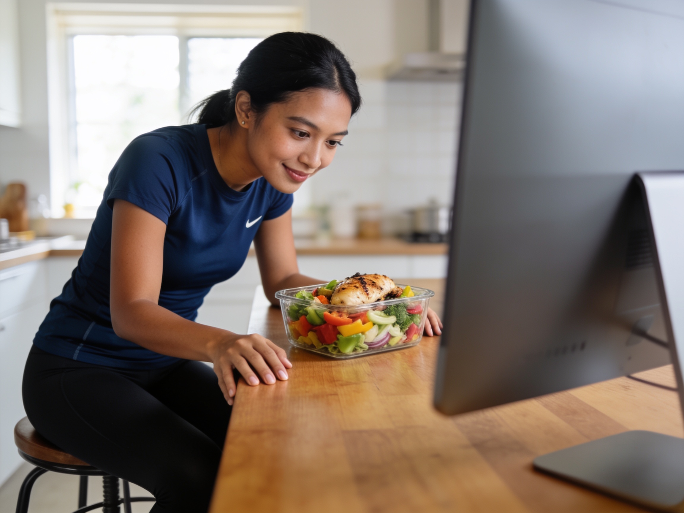 Indonesian woman examining healthy meal prep container for best food for pilates