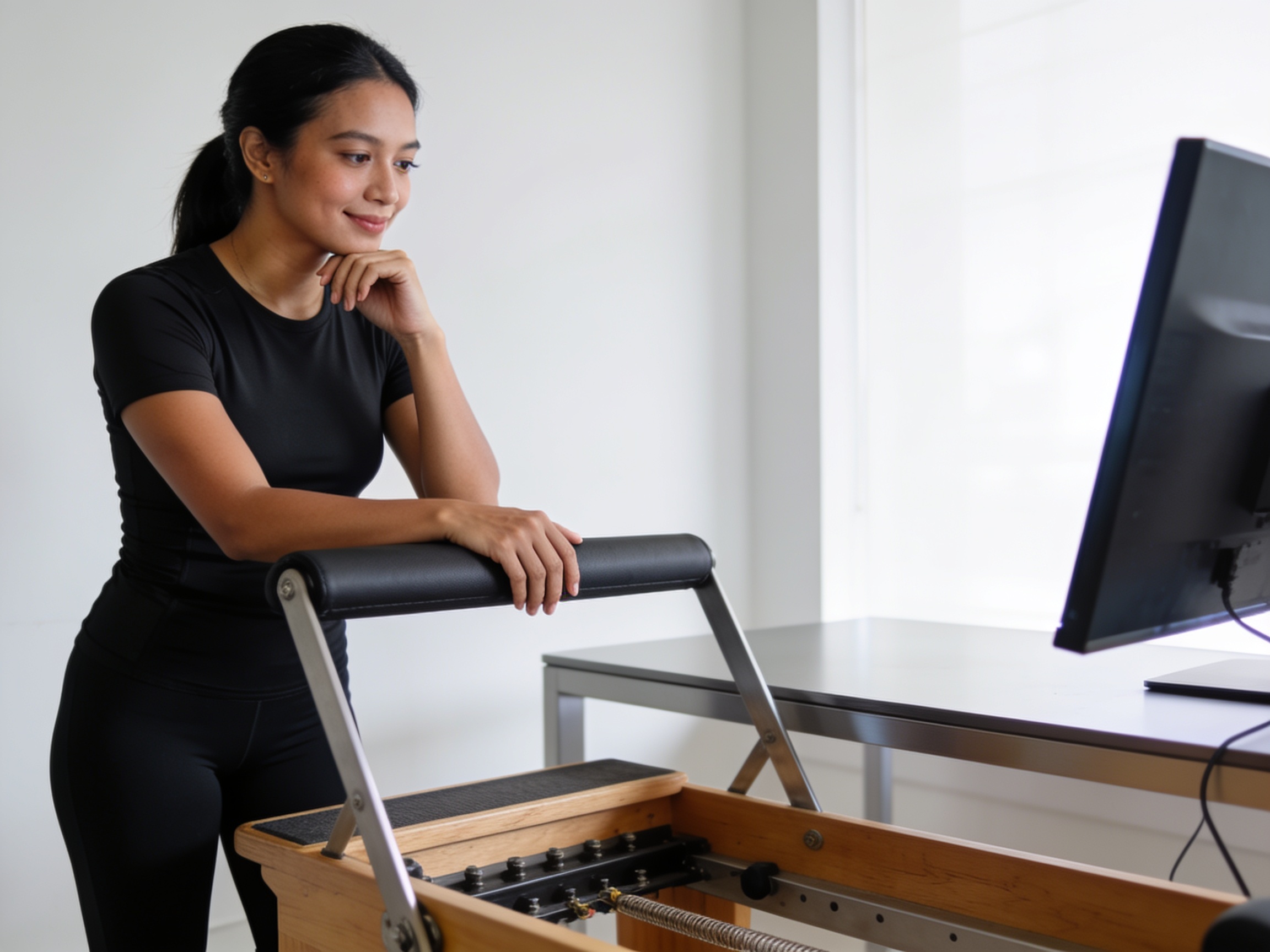 Indonesian instructor standing by a Pilates Reformer demonstrating posture correction