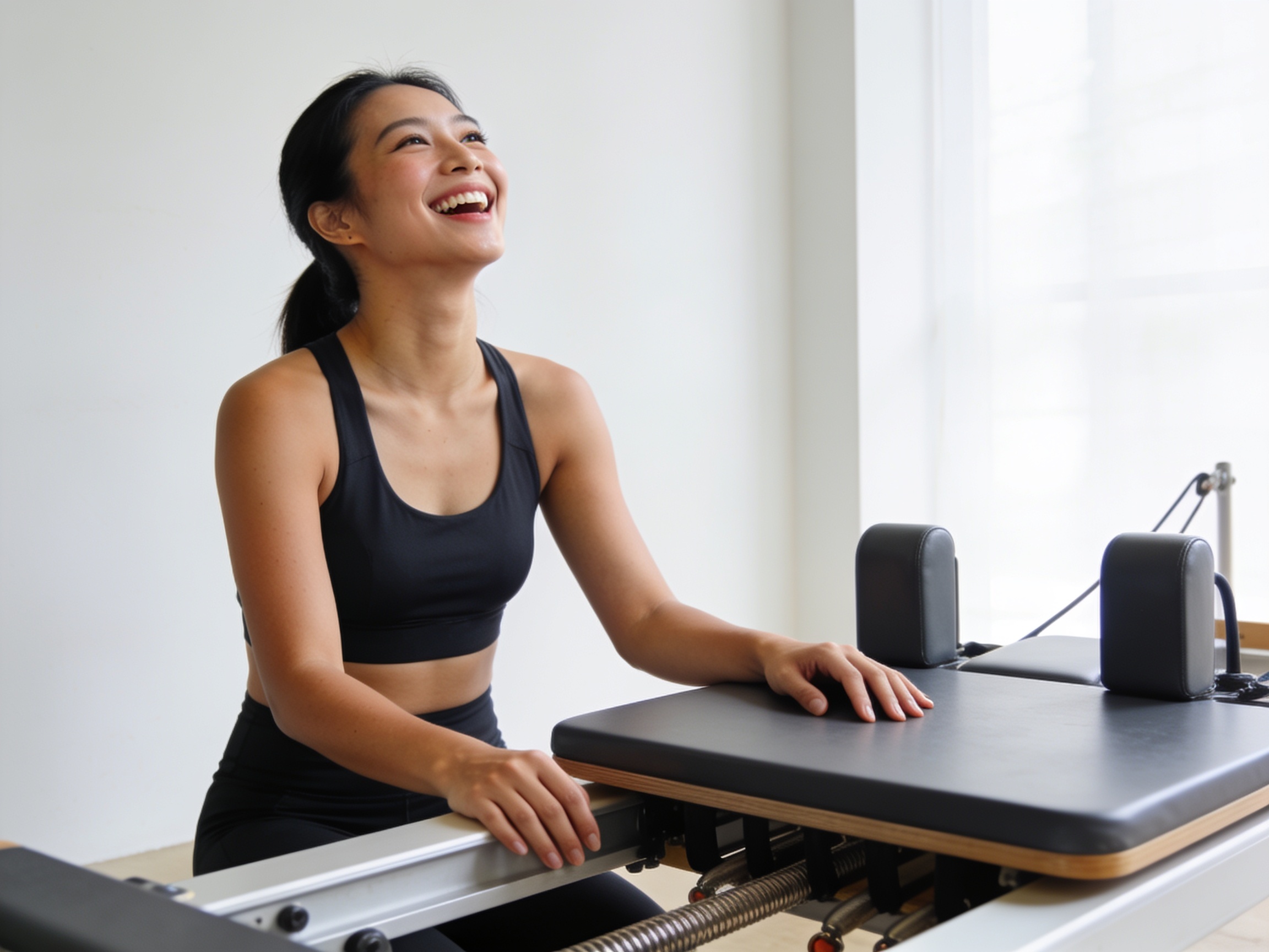 Asian woman examining a Pilates reformer machine to practice Pilates for holistic wellness