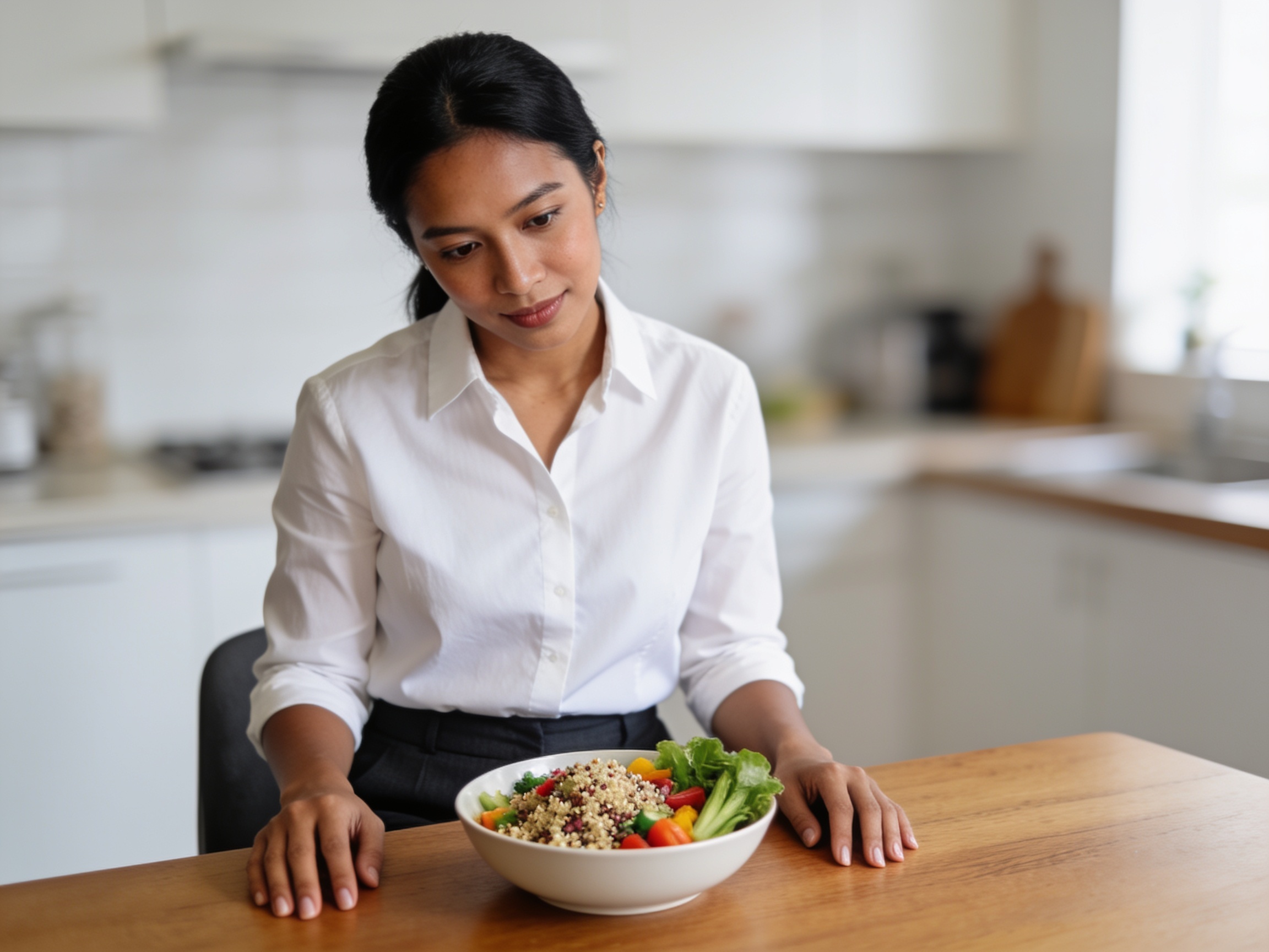 Indonesian woman examining healthy meal bowl for best diet for pilates