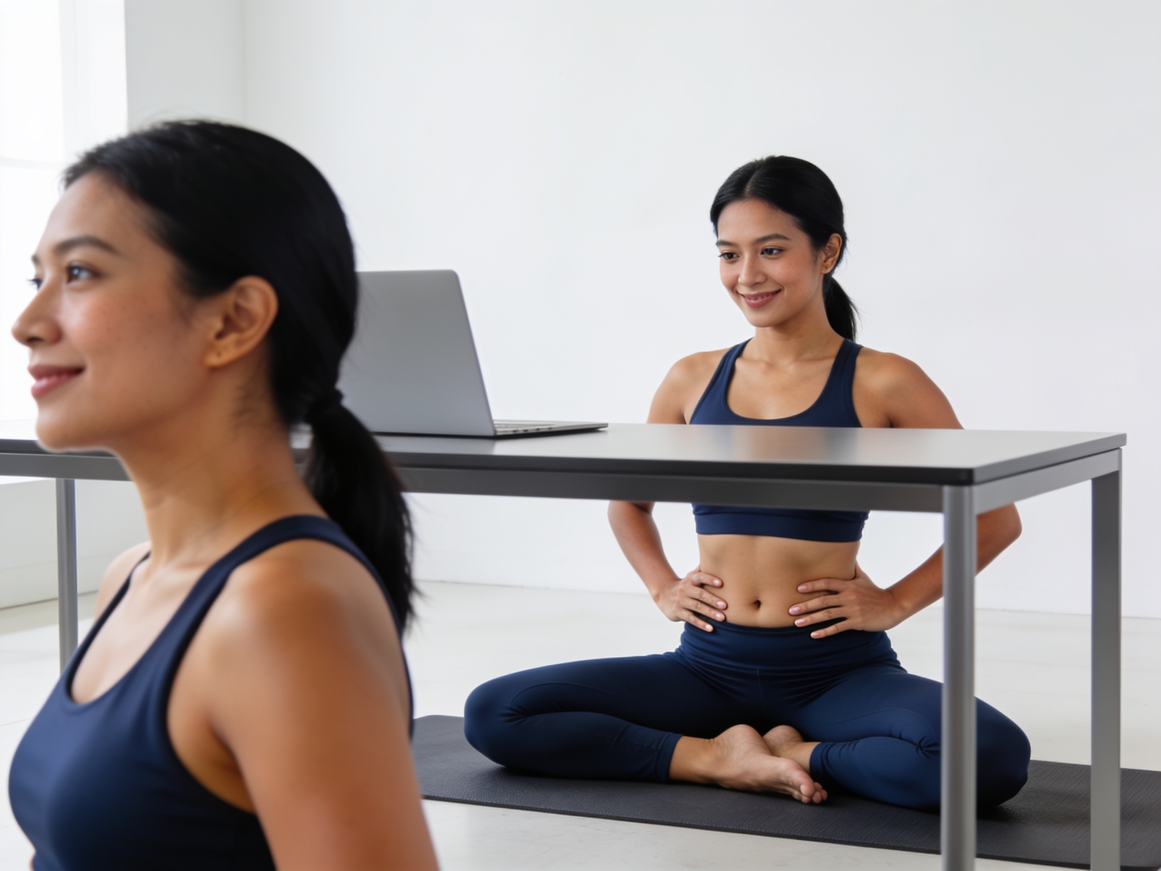 Indonesian woman doing Pilates exercises for posture on a mat