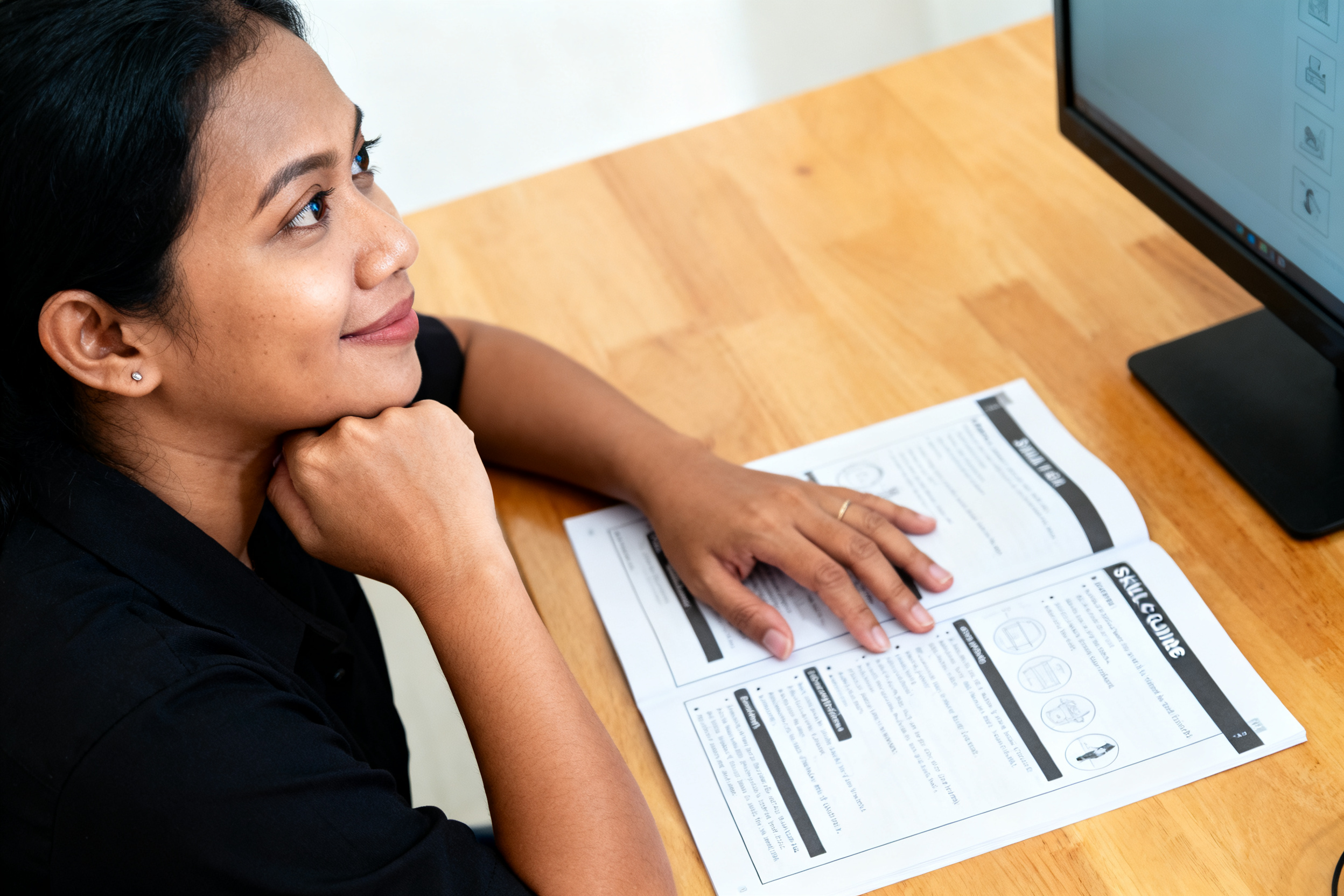 master new skill quickly tutorial showing Indonesian woman reviewing a skill guide workbook